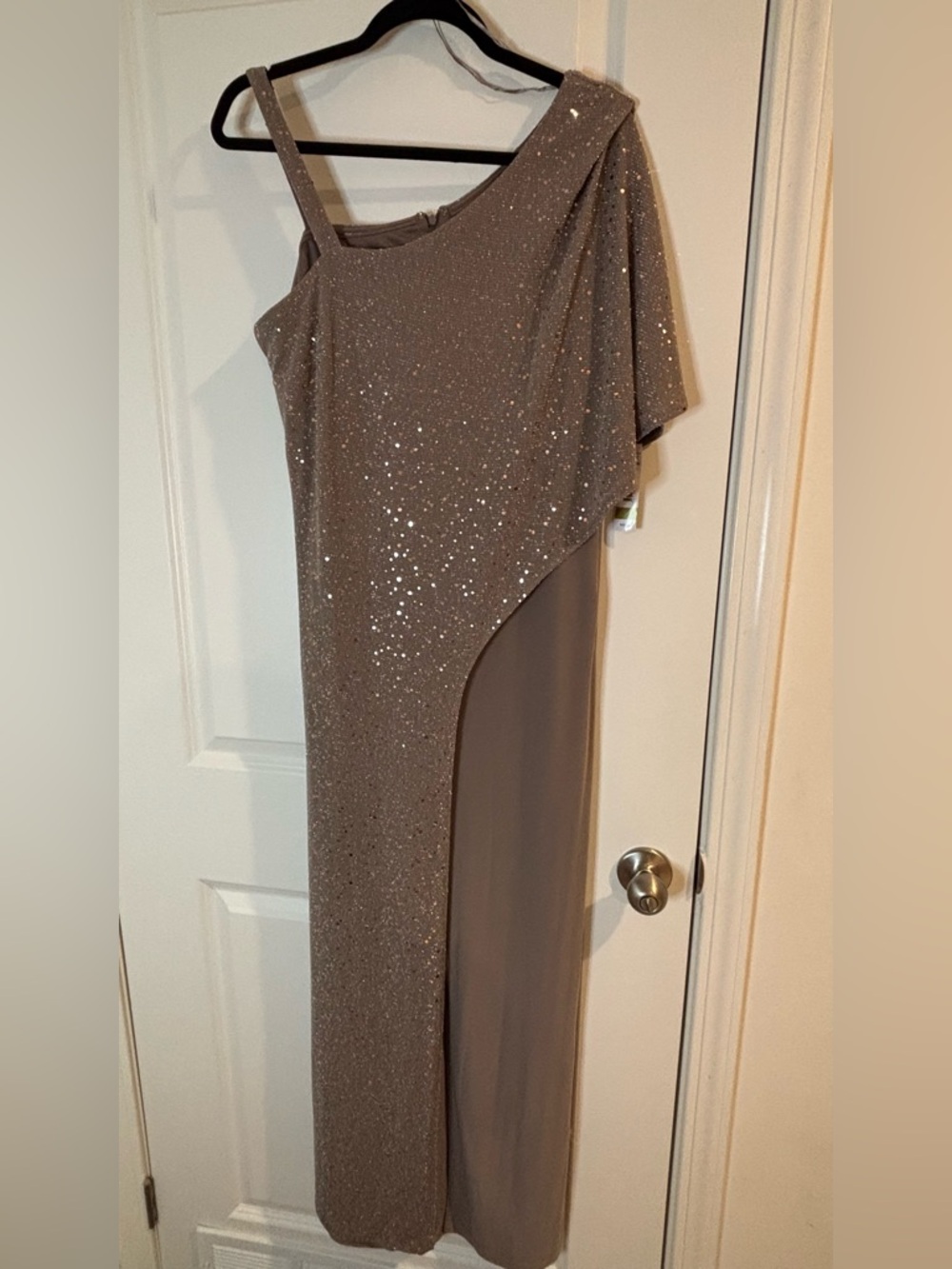 R&M Richards Taupe One-Shoulder Sequin Gown